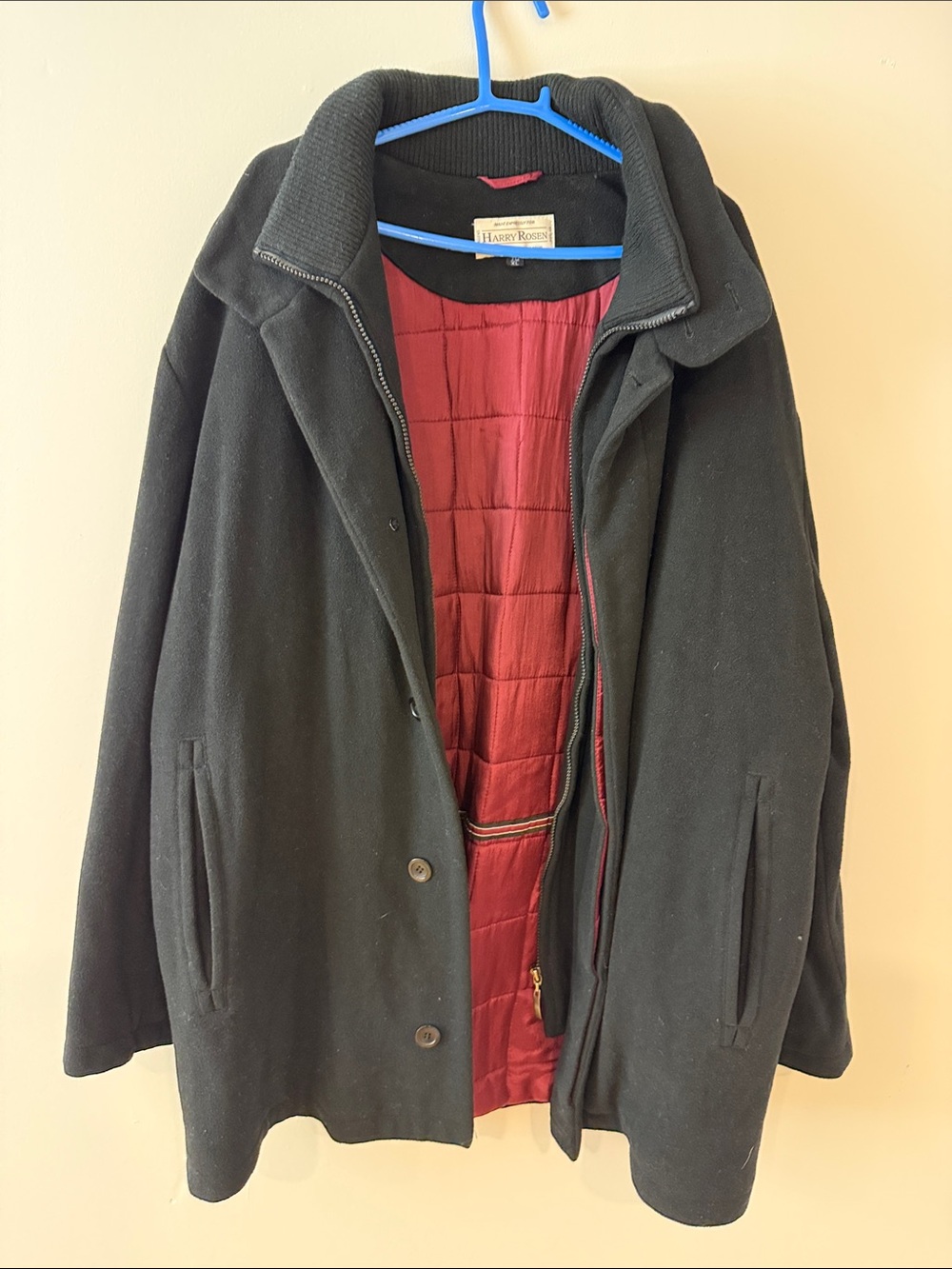 Harry Rosen Men's Black Cashmere Pea Coat with Burgundy Quilted Lining